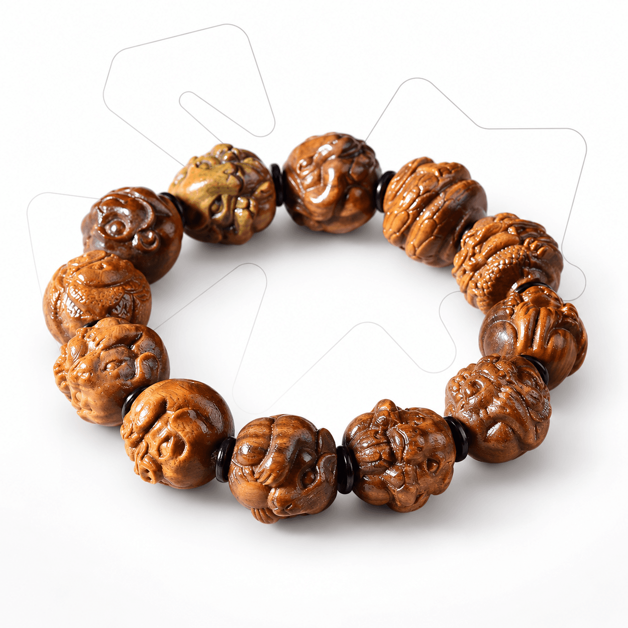 Green Sandalwood Zodiac-Carved Bead Bracelet, 20mm × 12 Beads